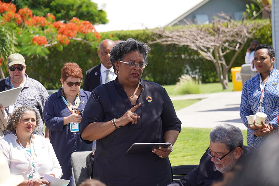 Mia Amor Mottley, Barbados’ first female Prime Minister during her participation in the SIDS4 side event Mobilising Capital to build Prosperity and Resilience in SIDS: Progress on and next steps for the Bridgetown Initiative. Photo: UN Women/Rodrigo Herrera