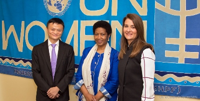 Jack Yun Ma, Executive Chair of the Alibaba Group; UN Women Executive Director Phumzile Mlambo-Ngcuka; and Melinda Gates, Co-Chair and Trustee of the Gates Foundation opened the event on 26 September. Photo: UN Women/Ryan Brown