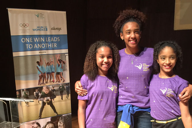 L-R:Kaillana de Oliveira Donato, 14, basketball, ‘One Win Leads to Another’ participant; Marcelly Vitória de Mendonça, 16, handball player, ‘One Win Leads to Another’ participant; Adrielle Alexandre da Silva, 12, ballet and rhythmic gymnastics, ‘One Win Leads to Another’ participant. Photo: UN Women/Beatrice Frey